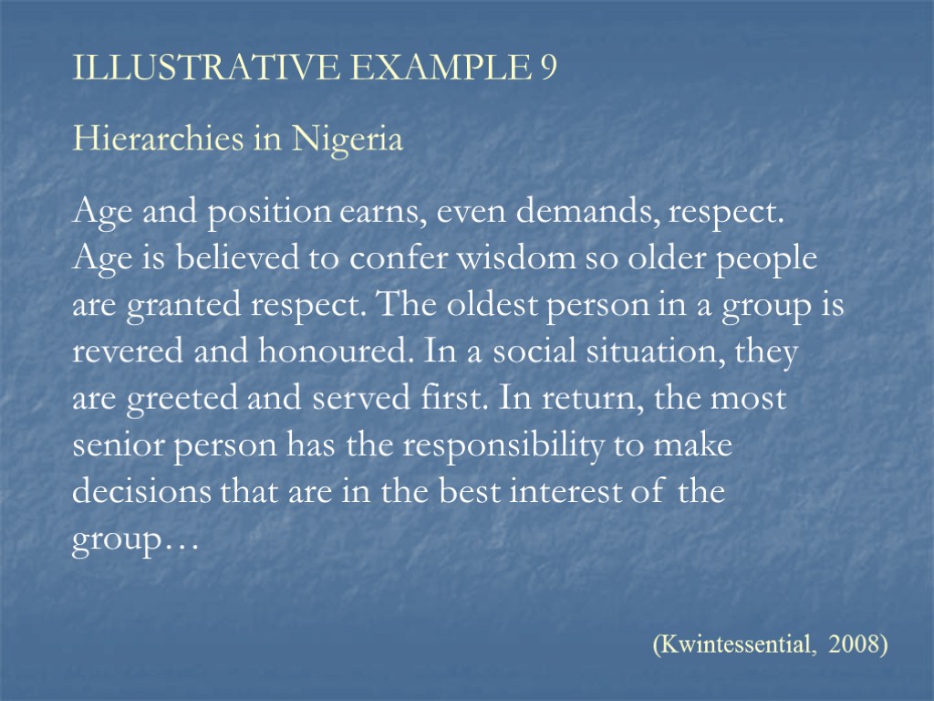 ILLUSTRATIVE EXAMPLE 9 Hierarchies in Nigeria Age and position earns, even demands, respect. Age